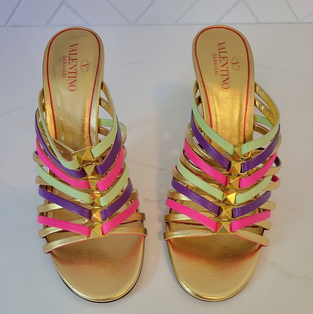 Authentic Valentino Garavani Women's Rockstud Multicolor Stilleto Mule Heels